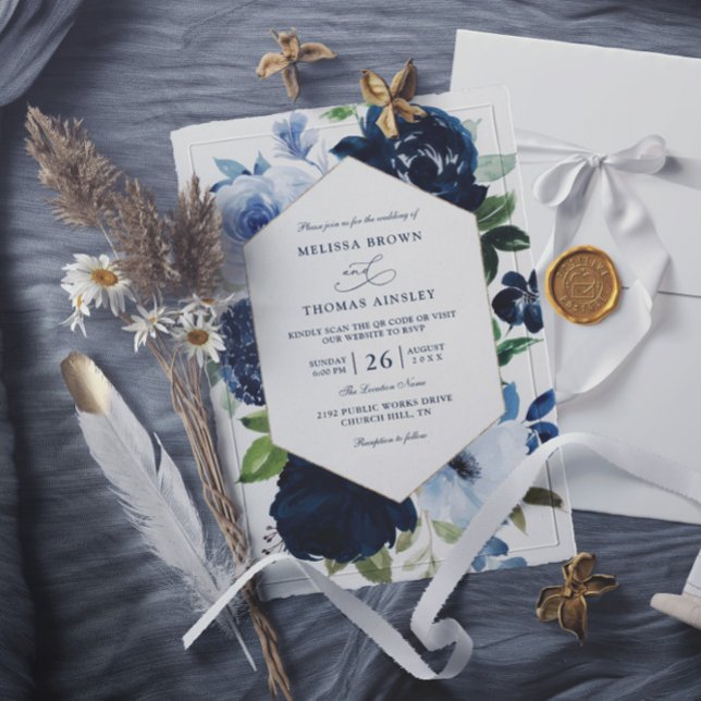 Convite Casamento Código QR Orçamento Flores Azul-Marinho  (Criador carregado)