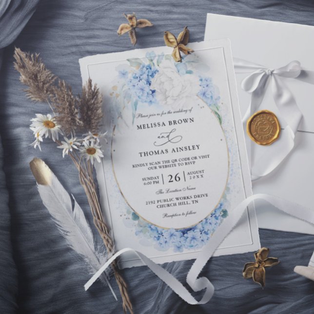 Convite Casamento Código QR Orçamento Flores Brancas Azul  (Criador carregado)
