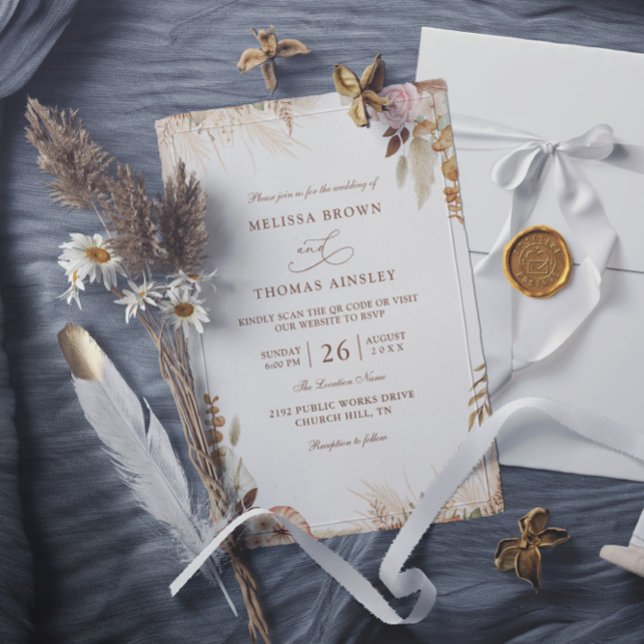 Convite Casamento Código QR Orçamento Moderno Floral Boho  (Criador carregado)