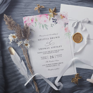 Convite Casamento Código QR Peônia Floral Aquarela Rosa En