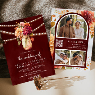 Convite Casamento Código QR Pote de Pedra Dahlia Outono Bo