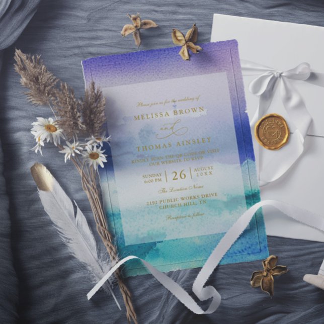 Convite Casamento Código QR Praia Azul Mar Roxo Elegante (Criador carregado)