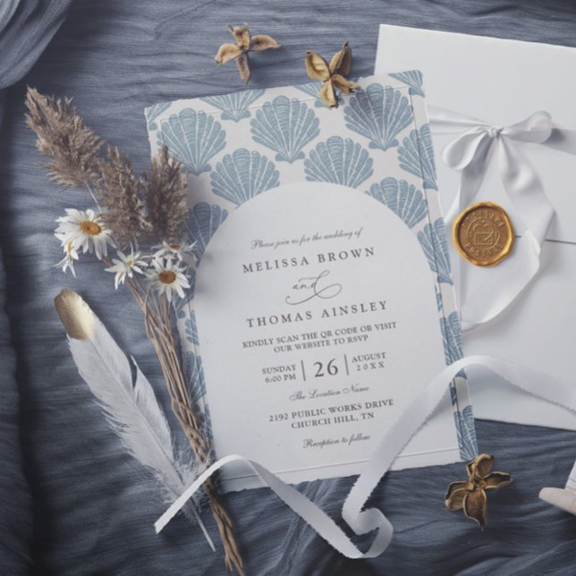 Convite Casamento Código QR Praia de Conchas Elegante Mode (Criador carregado)