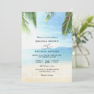 Convite Casamento Código QR Praia Ilha Tropical Palmeira