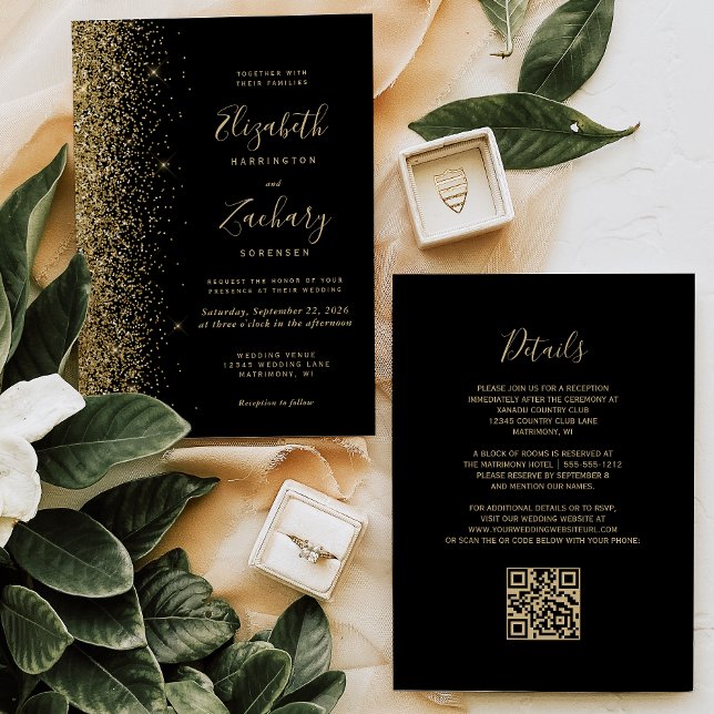 Convite Casamento Código QR Preto Brilho Dourado Moderno (Criador carregado)