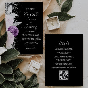 Convite Casamento Código QR Preto Brilho Prata Roxo Floral