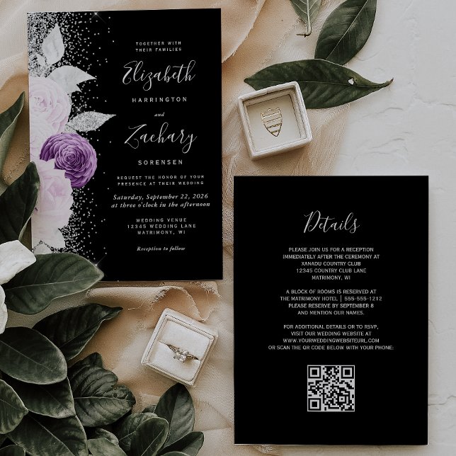 Convite Casamento Código QR Preto Brilho Prata Roxo Floral (Criador carregado)