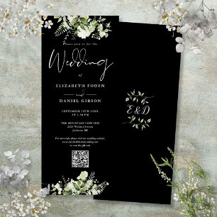 Convite Casamento Código QR Preto e Branco Floral Verde