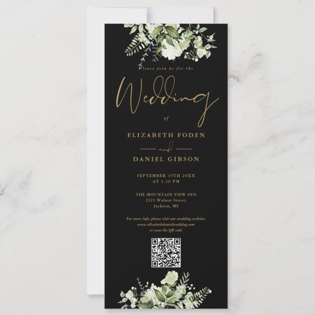 Convite Casamento Código QR Preto e Dourado Floral Verde (Frente)