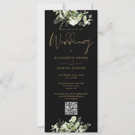 Convite Casamento Código QR Preto e Dourado Floral Verde