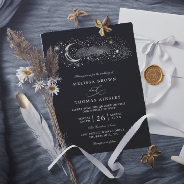 Convite Casamento Código QR Preto Estrelas Lua Celestial B (Criador carregado)