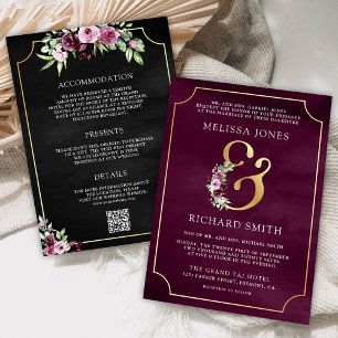 Convite Casamento Código QR Preto Floral Ampersand Ameixa