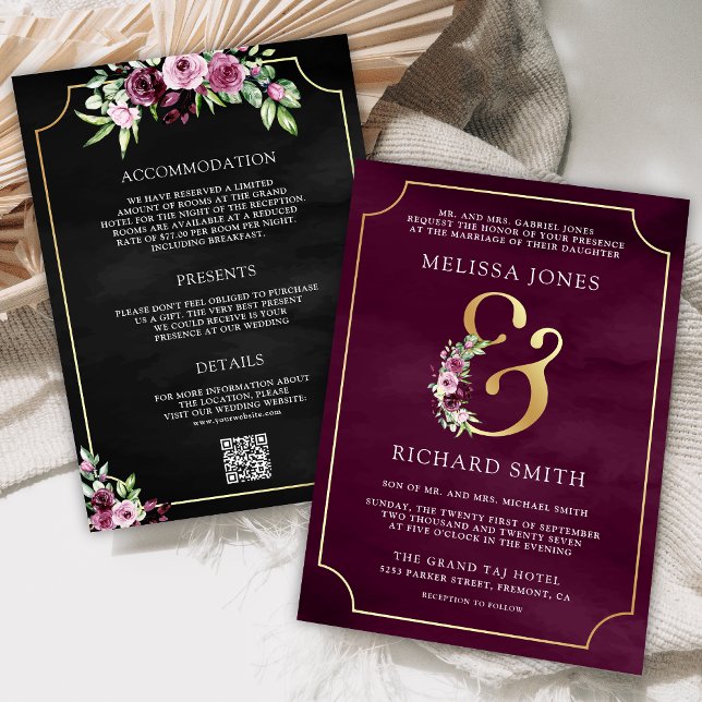 Convite Casamento Código QR Preto Floral Ampersand Ameixa  (Criador carregado)