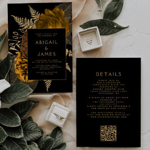 Convite Casamento Código QR Preto Floral Dourado Laranja Q