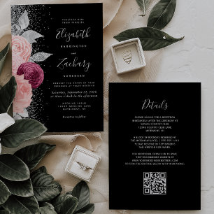 Convite Casamento Código QR Preto Prata Rosa Borgonha Flor