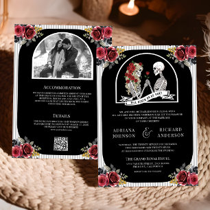 Convite Casamento Código QR Preto Rosas Casal Esqueleto Gó