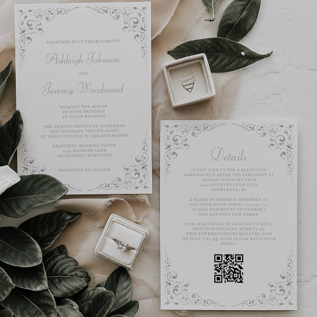 Convite Casamento Código QR Quadro Botânico Silver Script (Criador carregado)