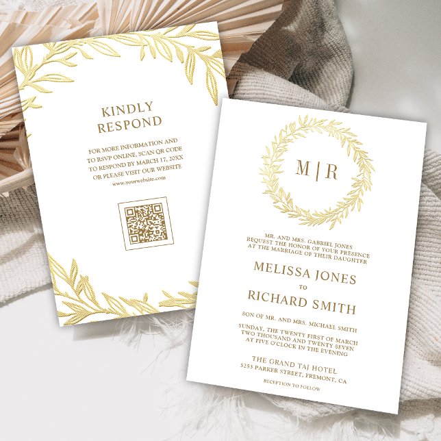 Convite Casamento Código QR Ramo Folha de Ouro Branco (Criador carregado)