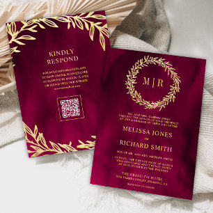 Convite Casamento Código QR Ramo Folha Dourada Rosa Magent