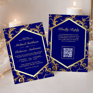 Convite Casamento Código QR Redemoinho Flor de Ouro Azul R