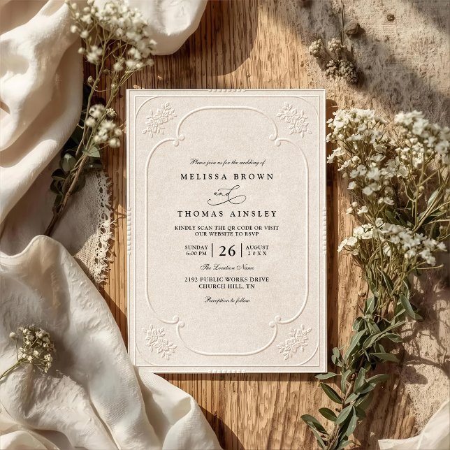 Convite Casamento Código QR Relevo Ornamentado Elegante An (Criador carregado)