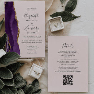 Convite Casamento Código QR Rosa Bege Ágata Dourada Roxa
