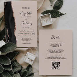 Convite Casamento Código QR Rosa Chic Preto Dourado Ágata