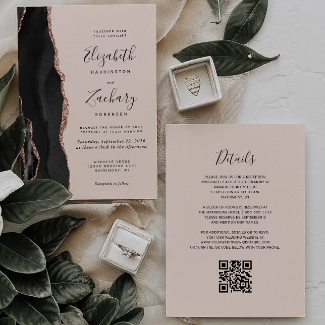 Convite Casamento Código QR Rosa Chic Preto Dourado Ágata (Criador carregado)