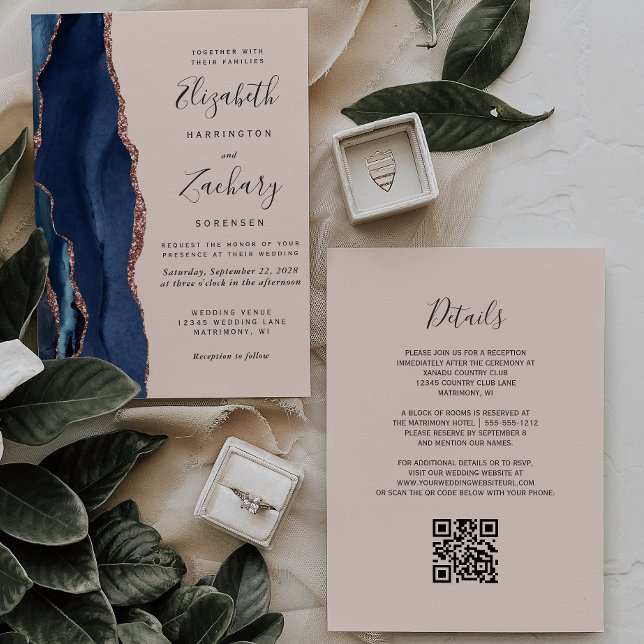 Convite Casamento Código QR Rosa Dourada Ágata Azul Marinh (Criador carregado)