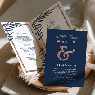 Convite Casamento Código QR Rosa Dourada Folhas Azul Naval