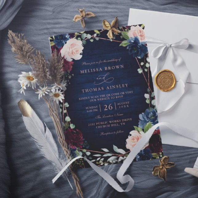 Convite Casamento Código QR Rosa Dourado Bege Marinho Borg (Criador carregado)