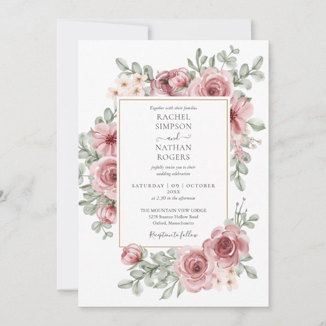 Convite Casamento Código QR Rosa Floral Empoeirado (Frente)