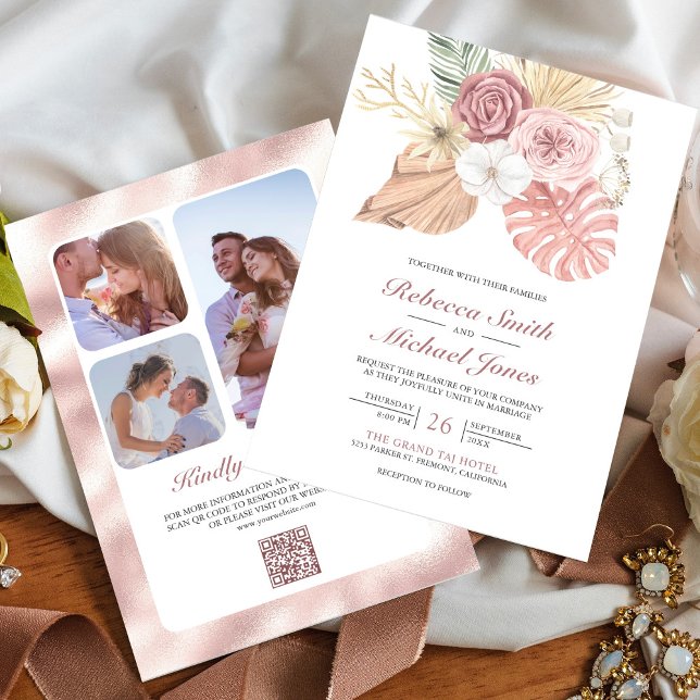 Convite Casamento Código QR Rosas Rosa Empoeiradas Boho Rú (Criador carregado)