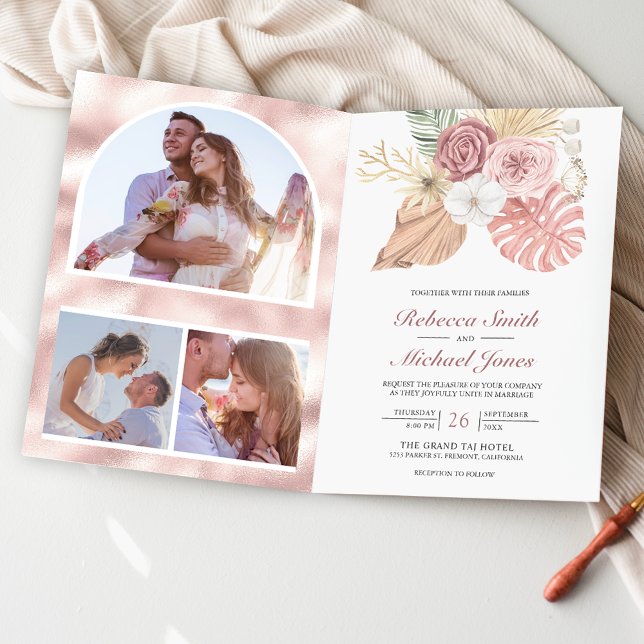 Convite Casamento Código QR Rosas Rosa Poeira Boho Rústico (Criador carregado)