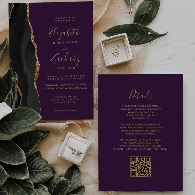 Convite Casamento Código QR Roxo Ágata Ouro Preto (Criador carregado)