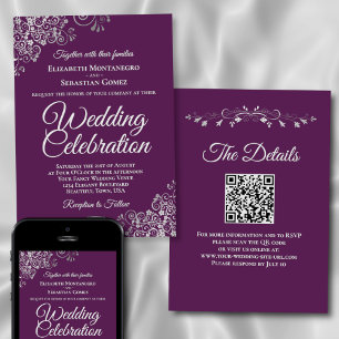 Convite Casamento Código QR Roxo & Prata Elegante