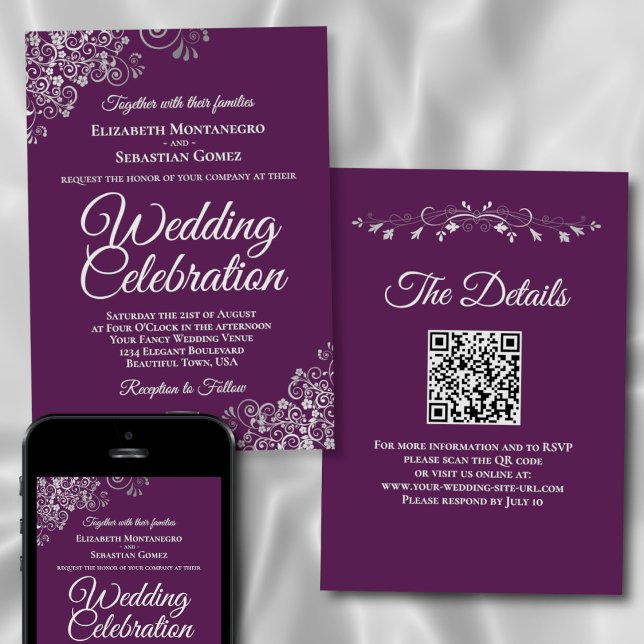 Convite Casamento Código QR Roxo & Prata Elegante (Front/Back/Downloadable)