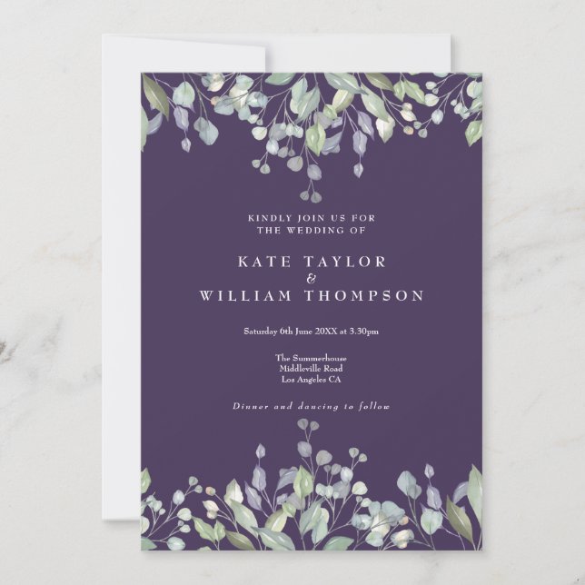 Convite Casamento Código QR Roxo Verde Lilás Floral (Frente)