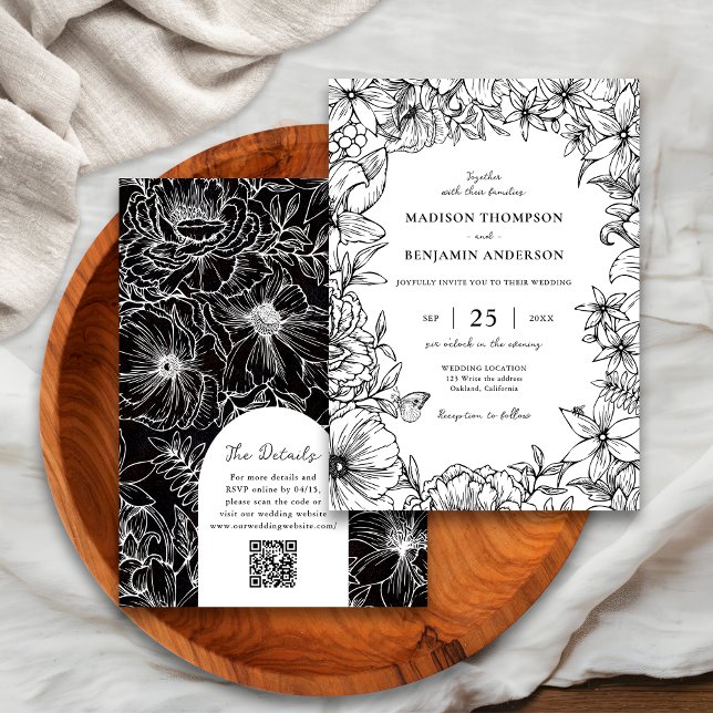 Convite Casamento Código QR RSVP Arco Floral Preto Branco (Criador carregado)