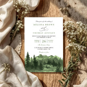 Convite Casamento Código QR Rústico Aquarela Floresta Mont