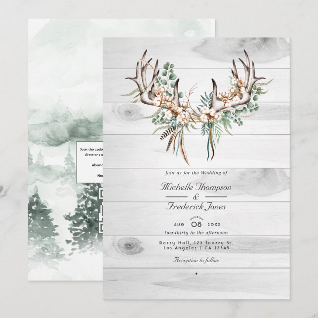 Convite Casamento Código QR Rústico Boho Algodão e Eucalip (Frente/Verso)