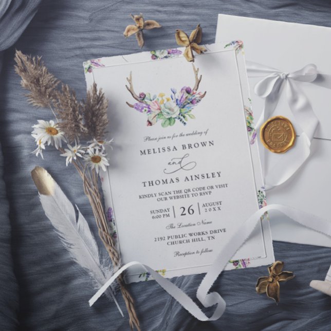 Convite Casamento Código QR Rústico Boho Antlers Flores Si (Criador carregado)