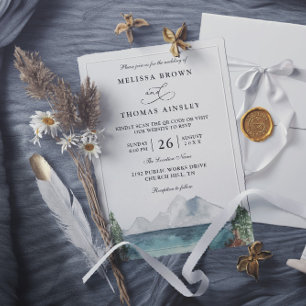 Convite Casamento Código QR Rústico Boho Lago Floresta Mon