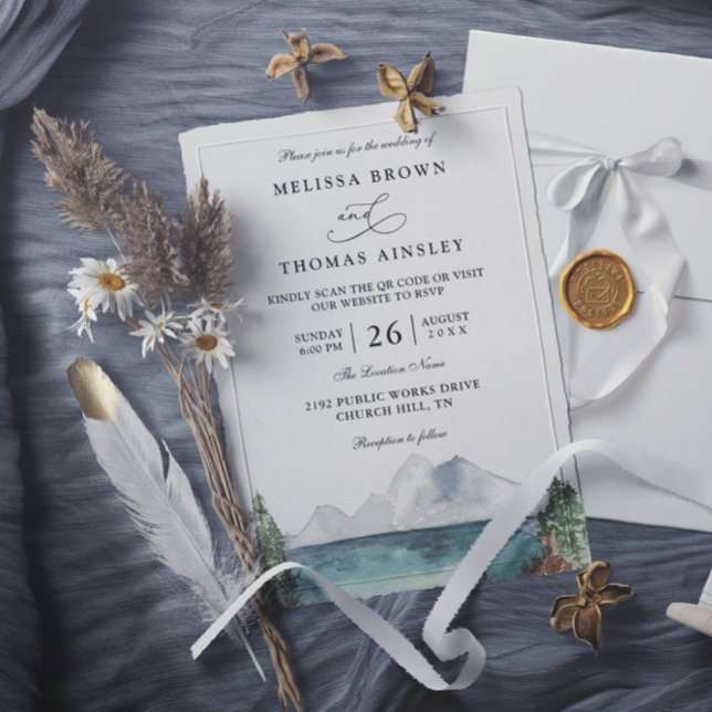 Convite Casamento Código QR Rústico Boho Lago Floresta Mon (Criador carregado)