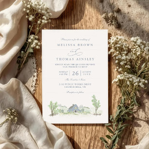 Convite Casamento Código QR Rústico Campo Celeiro Azul