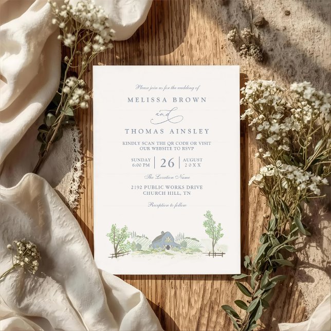 Convite Casamento Código QR Rústico Campo Celeiro Azul (Criador carregado)