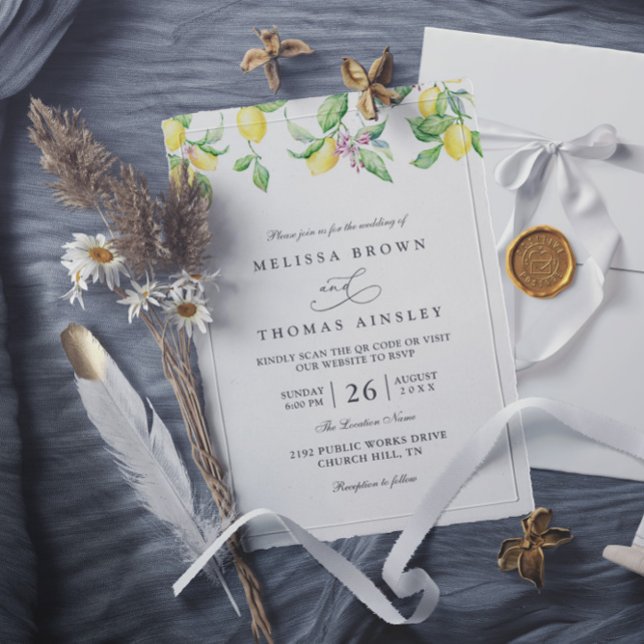 Convite Casamento Código QR Rústico Elegante Limões & Flor (Criador carregado)