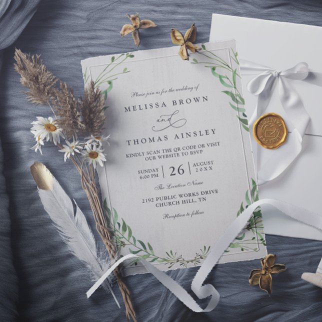 Convite Casamento Código QR Rústico Elegante Vegetação Nat (Criador carregado)