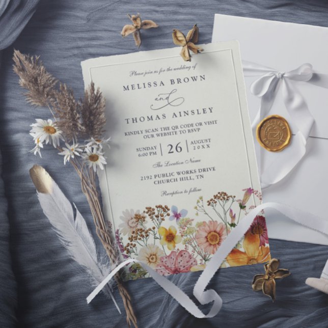 Convite Casamento Código QR Rústico Flor Silvestre Boêmio  (Criador carregado)