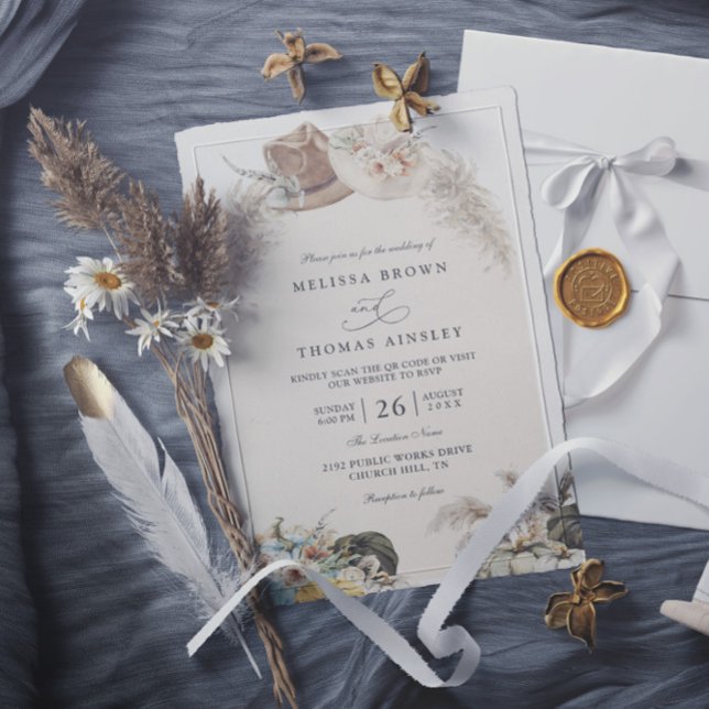 Convite Casamento Código QR Rústico Floral Boho Capim dos  (Criador carregado)